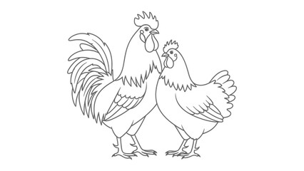 Line Art Chicken Pair: A simple black-and-white line drawing captures the essence of a rooster and hen, perfect for coloring books or minimalist design projects. © Ajhar234
