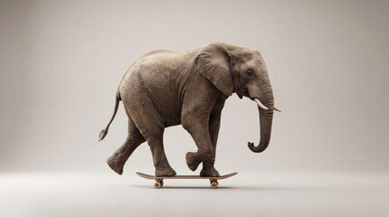 African elephant balancing on a small wooden skateboard against a neutral studio background, concept of agility and skill for creative advertising and humorous animal art