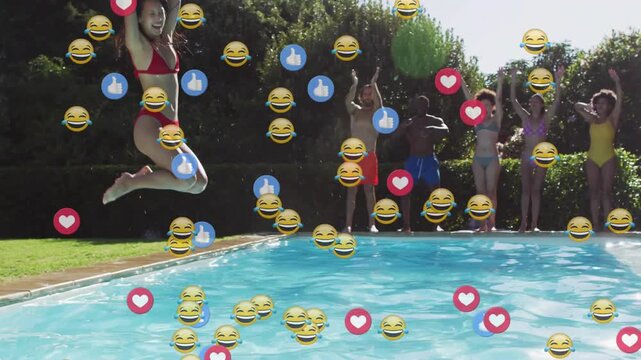 Woman running on grass leaping into pool, friends cheering, social media reaction icons multiplying
