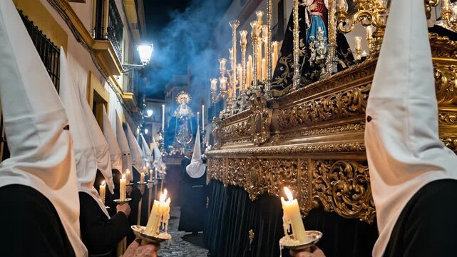 Spanish Holy Week nighttime procession with white hooded penitents carrying incense and ornate Virgin Mary float through narrow Seville street during solemn Semana Santa celebration