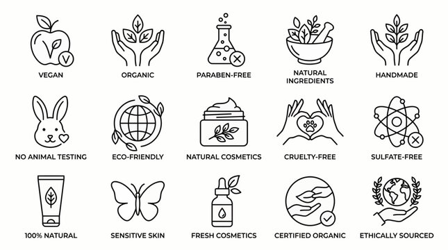 Black line icons set of natural organic cosmetic labels and beauty product certification badges on white background, concept for product packaging design, skincare branding and sustainable marketing