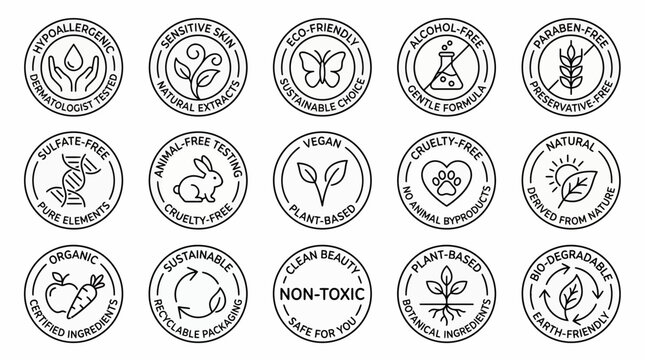 Set of fifteen natural cosmetic product label icons featuring organic and vegan symbols on white background, concept for product packaging design, skincare marketing and sustainable branding