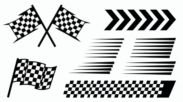 Black checkered racing flag icons set with motion speed lines and chevron symbols isolated on white background, concept for automotive sports branding, race competition and rally event design