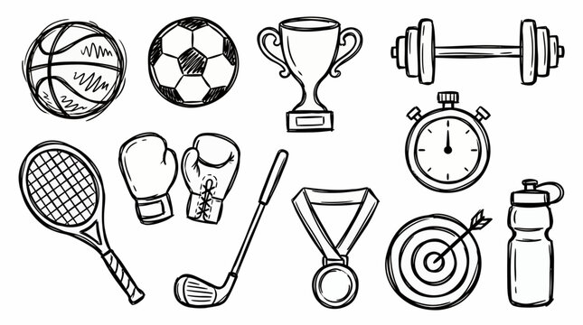 Set of hand drawn sports equipment doodles featuring basketball soccer ball trophy dumbbell tennis racket boxing gloves and medal, concept for gym branding, athletic design and fitness blog