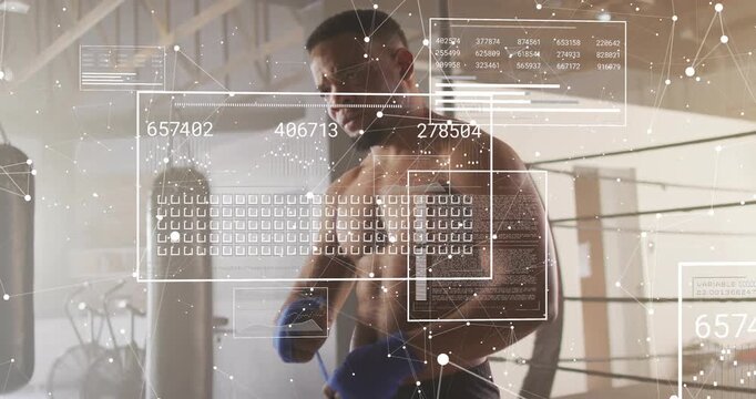Preparing fitness boxer wrapping blue wraps tightening assuming stance, HUD panels updating metrics