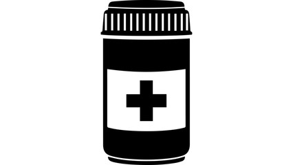 Obraz premium Black and white medicine bottle icon with medical cross label, simple flat vector silhouette for pharmacy, healthcare app UI, packaging, infographic, web