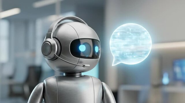 Small robot with bubble speech on desk. Artificial intelligence assistant providing customer support. Futuristic digital communication technology in modern office for business interaction.