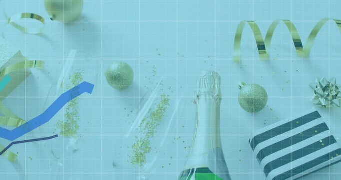 Drawing blue chart lines starting lower-left, sliding over champagne bottle for celebration display