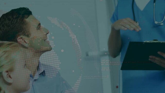 Nurse bringing clipboard forward, gesturing and explaining plan while dad and daughter listening