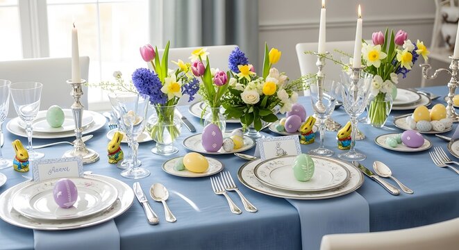 Easter dinner table setting with colorful flowers and decorated eggs