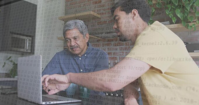 Adult in yellow reaching laptop and guiding senior at kitchen counter, technology overlay growing