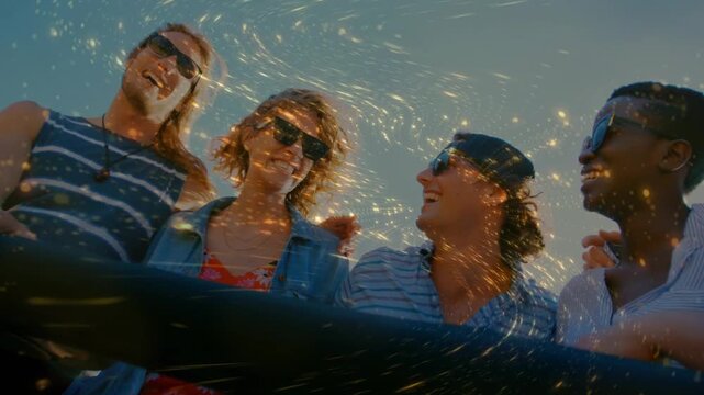 Four friends leaning on rail, sun sparking golden streaks arcing between them for ads