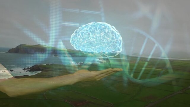 Forearm entering, palm presenting and supporting medical holographic brain with DNA helix pulsing