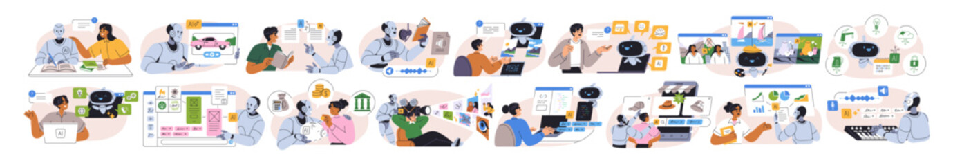 Obraz premium AI automation, digital technology set. Robot, chatbot assistants for analytics, generative content. Artificial intelligence and neural network. Flat vector illustration isolated on white background