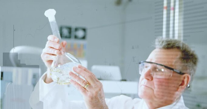 Senior scientist lifting rotating volumetric flask as camera focusing, checking clarity for lab