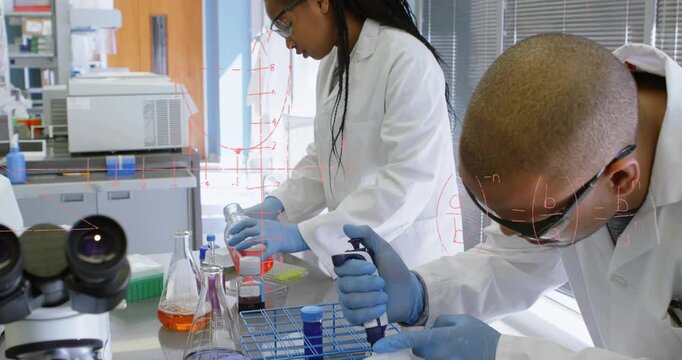 Researchers pipetting and pouring reagents on lab cue with red overlays showing wells for assay
