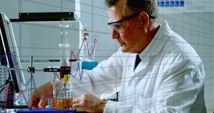 Vertical video: Sr chemist turning valve dispensing liquid viewing animated charts monitoring data