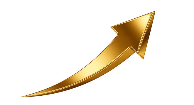 Golden arrow pointing upwards, symbolizing growth and success in business and finance, with a shiny metallic texture on a white background.