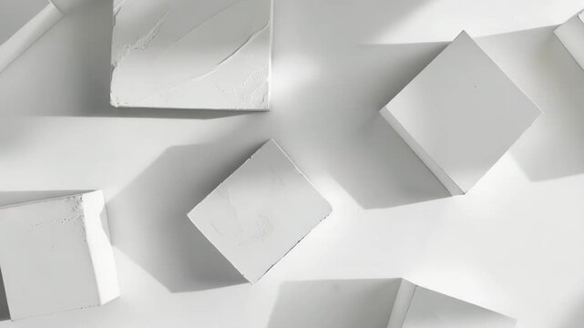 Geometric shapes cast shadows on a white surface as light shines from above. The shadows create differing patterns and forms throughout the space