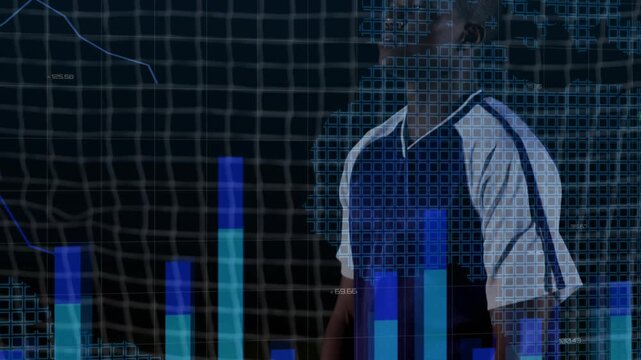Soccer player tracking ball, timing jump, heading it to goal and celebrating, data grid syncing