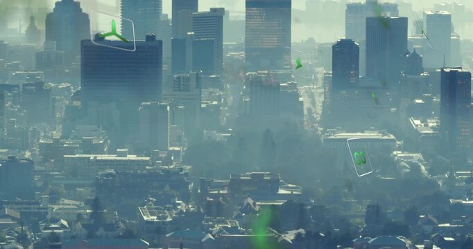 Green markers appearing drifting and rotating over hazy downtown skyline, highlighting air quality