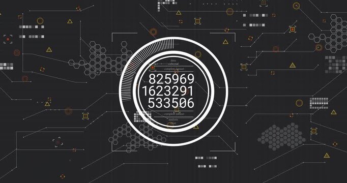 Central HUD receiving data pulse, cycling numeric readouts and sweeping ring for network analytics