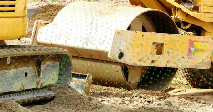 Vertical video: Drum contacting soil, roller compacting ground for paving at curb, binary overlay