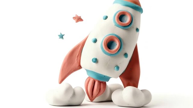 A person shapes clay to make a rocket. They use different colors and basic shapes. The activity takes place indoors, showing each step clearly