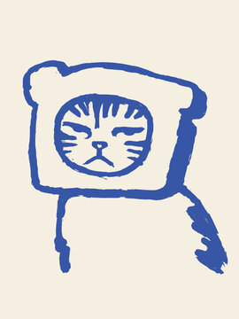 Cat with toast on head naive hand drawn vector illustration