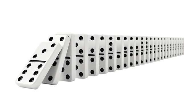 A long line of falling dominoes isolated on transparent background
