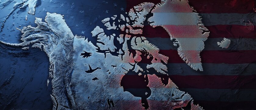 Overlay of symbols: the us flag on greenland's arctic canvas. Cinematic poster. Enhanced arctic map depicting us expansion interests and ice details. Poster graphics. Hero poster.