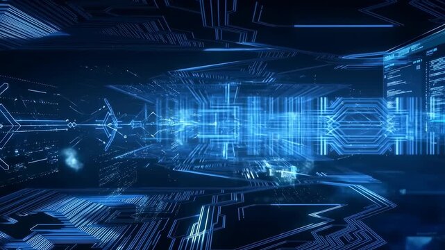 Futuristic digital data flow with glowing blue circuitry and abstract patterns. Represents technology, innovation, and the digital landscape