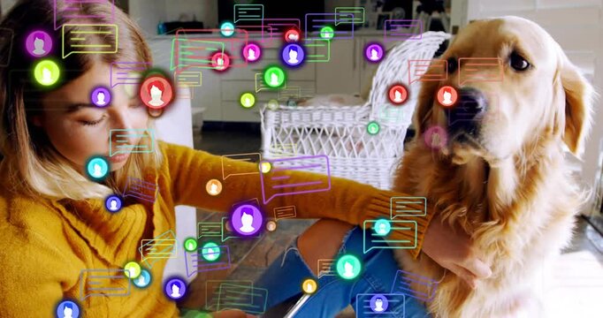 Incoming alerts floating over subjects woman scrolling phone petting dog checking messages for tech