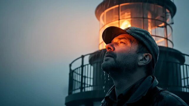 A lighthouse keeper stands and looks out over the rain-drenched ocean next to a glowing lantern. Concept of weather and natural disasters. A somber atmosphere.	
