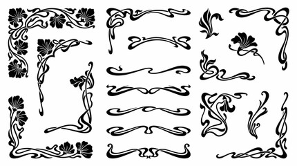 Detailed set of black Art Nouveau floral borders and vintage corner ornaments on white background, concept for wedding invitation design, luxury branding and elegant stationery decoration © naufal