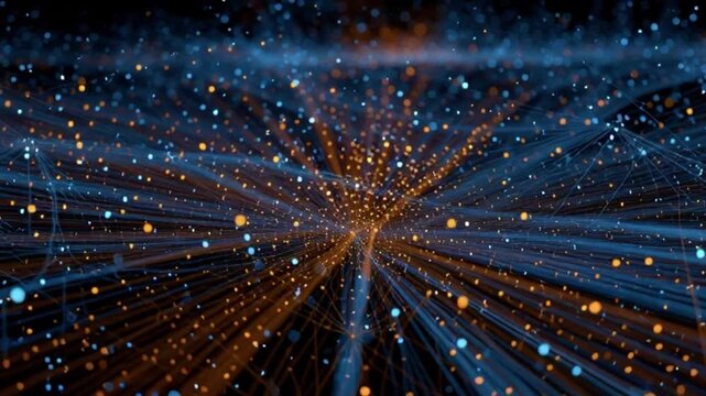 Abstract digital network visualization of glowing blue and orange particles connected by lines, representing data flow and connectivity in a futuristic cyberspace