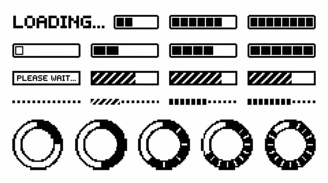 Pixel art collection of retro loading progress bars and circular buffer icons on white background, concept for game interface, software development and digital download
