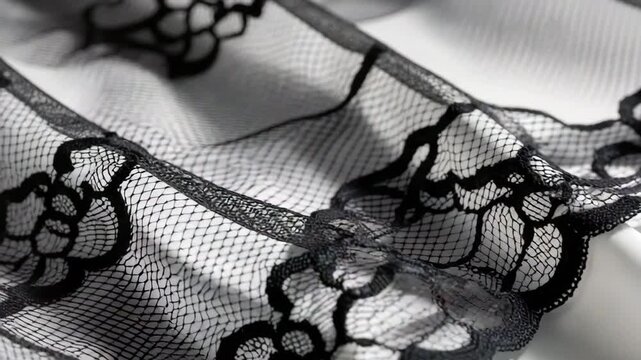 Delicate lace rests on a white fabric, creating a soft shadow effect. Light enhances the details, showing the contrast and patterns in the materials. The focus highlights the textures