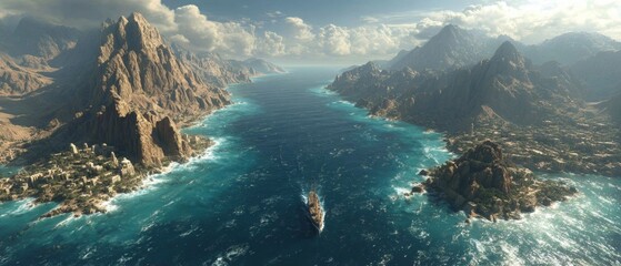 Fototapeta premium Geopolitical significance of the hormuz strait: a strategic focus. Movie cover. Detailed mapping of the hormuz strait between iran and oman. Epic poster. Cinematic poster.