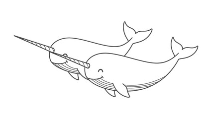 Playful Narwhals: Two whimsical narwhals, with their iconic spiraled tusk and endearing expressions, swim gracefully in a serene ocean, exuding joy and serenity. © Ajhar234