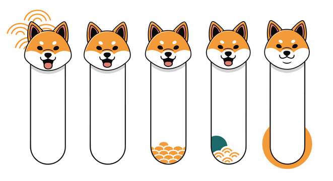 Shiba inu dog character bookmarks or page dividers are shown in a row with different traditional japanese patterns and motifs.