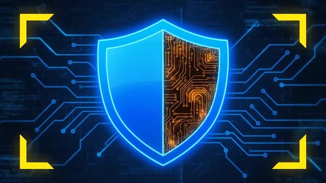 3D Cybersecurity Shield with Digital Circuit in Blue Neon Tech Background