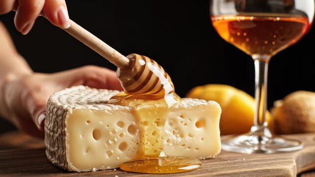 Rich honey drips seductively over a slice of creamy cheese, creating a symphony of flavors. In a warm, dimly lit setting, elegant glasses of golden drink complement the scene.