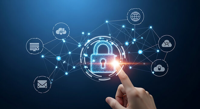 Digital security and data protection concepts illustrated by a glowing padlock, network connections, and cloud icons, emphasizing cybersecurity and privacy