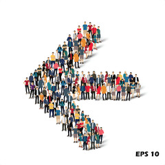 Large Group of People Forming an Arrow Pointing Left. Vector Illustration of a Diverse Crowd Unified in Direction on a White Background.