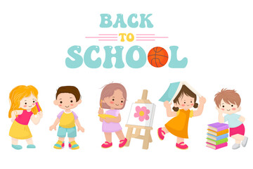 Obraz premium Back to school banner with cute diverse children students studying, painting and reading. Flat vector illustration of kids education concept isolated on white.