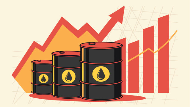Oil barrels and upward charts illustrating global crude oil price increase and energy crisis.