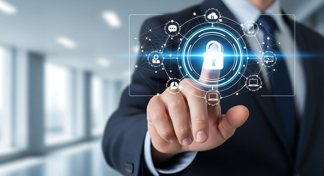 Professional touching a futuristic digital interface with a glowing padlock icon, symbolizing robust cybersecurity, data protection, and secure network access in a modern business environment