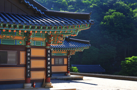 Traditional Korean Buddhist temple architecture with colorful dancheong patterns
