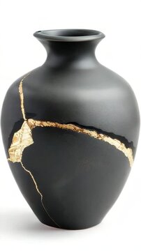 A person repairs a black vase using kintsugi techniques. They apply gold resin to cracks in the vase. The restoration shows how to create beauty from damage